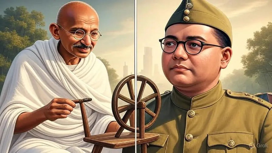 SEBA Class 10 Social Science History Chapter 2 MCQs | মহাত্মা গান্ধী আৰু ভাৰতৰ স্বাধীনতা সংগ্ৰাম Mahatma Gandhi and Indian Freedom Struggle Most Important MCQs 5 Image of Gandhi and Bose during the Indian Freedom Struggle