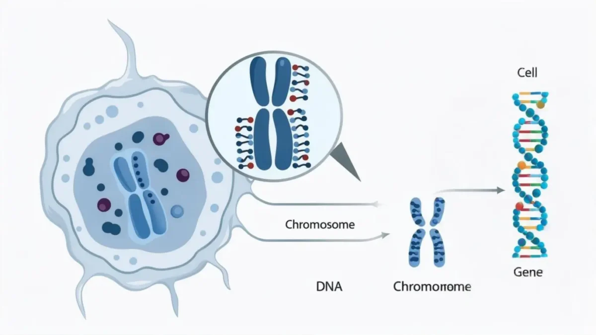 SEBA Class 10 Science Chapter 8 MCQs How Do Organisms Reproduce | জীৱই কেনেকৈ বংশবিস্তাৰ কৰে Most Important MCQs Assam HSLC 1 Diagram showing Chromosome, DNA, and Gene structure for SEBA Class 10 Science Chapter 8 MCQs