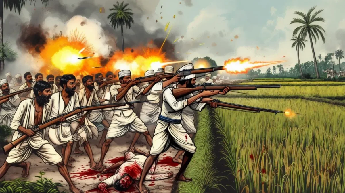 SEBA Class 10 Social Science History Chapter 3 MCQs Anti-British Uprisings and Peasant Revolts in Assam | অসমত ব্ৰিটিছ বিৰোধী জাগৰণ আৰু কৃষক বিদ্ৰোহ HSLC ASSAM 1 Illustration of Phulaguri Dhawa uprising in Assam, 1861-SEBA Class 10 Social Science History Chapter 3 MCQs Anti-British Uprisings and Peasant Revolts in Assam